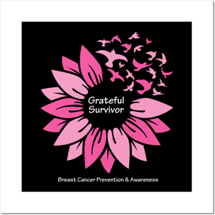 Breast cancer survivor flower & birds with white type Posters and Art